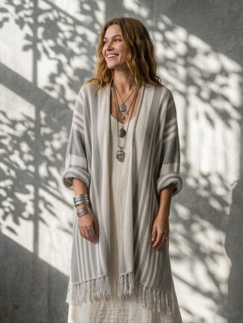 Wooden Ships Striped Fringe Duster Cardigan Boho Open Knit Cotton Gray M/L
